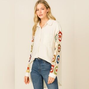 Umgee White Gauze Cotton Shirt with Granny Squares Crochet Sleeves